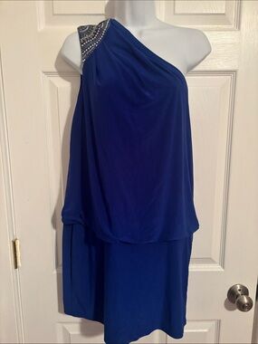 Cache’ One-Shoulder Royal Blue Evening Dress with Embellished Shoulder